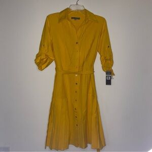 Sharagano Golden Rod Collared Belted Button Up Long Sleeve Dress